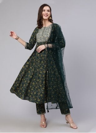 Green Cotton  Embroidered Trendy Salwar Kameez