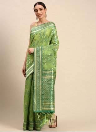 Green Cotton  Weaving Designer Sari
