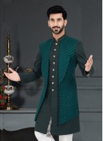 Men's Green Fancy Fabric Embroidered Indo Western for Men