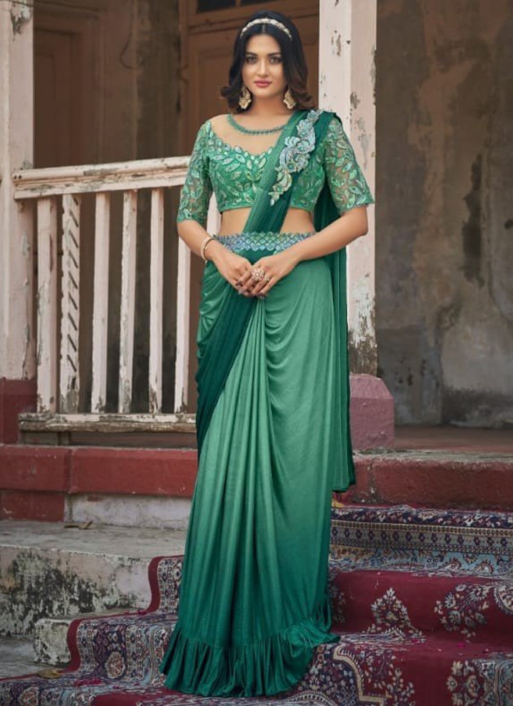 Buy Peach Jacquard Blouse With Green Georgette Saree Festive Wear Online at  Best Price | Cbazaar
