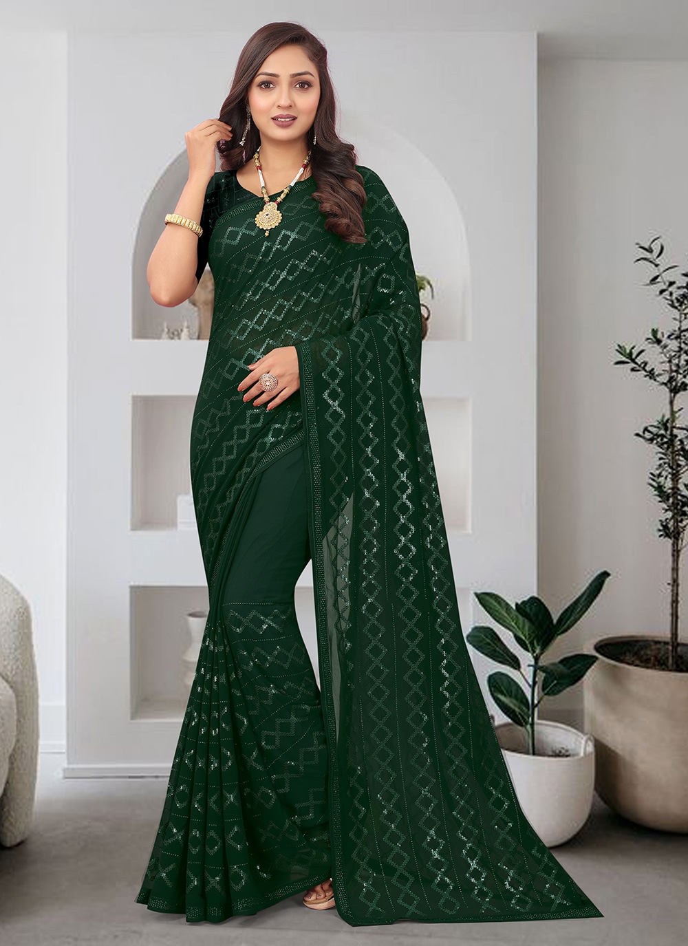 Fashion Outfits Foil Printed Georgette Dark Green Saree|SARV136967