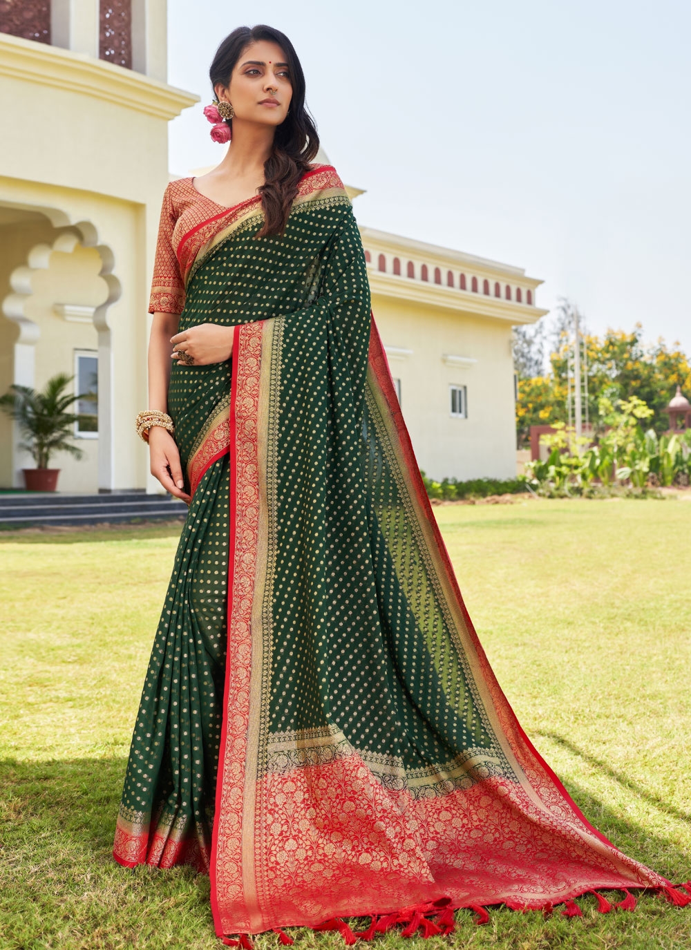 Dark Green Georgette Sequined Saree - Ships in 3-4 Weeks / Unstitched /  Georgette | Saree, Green sequins, Fancy sarees