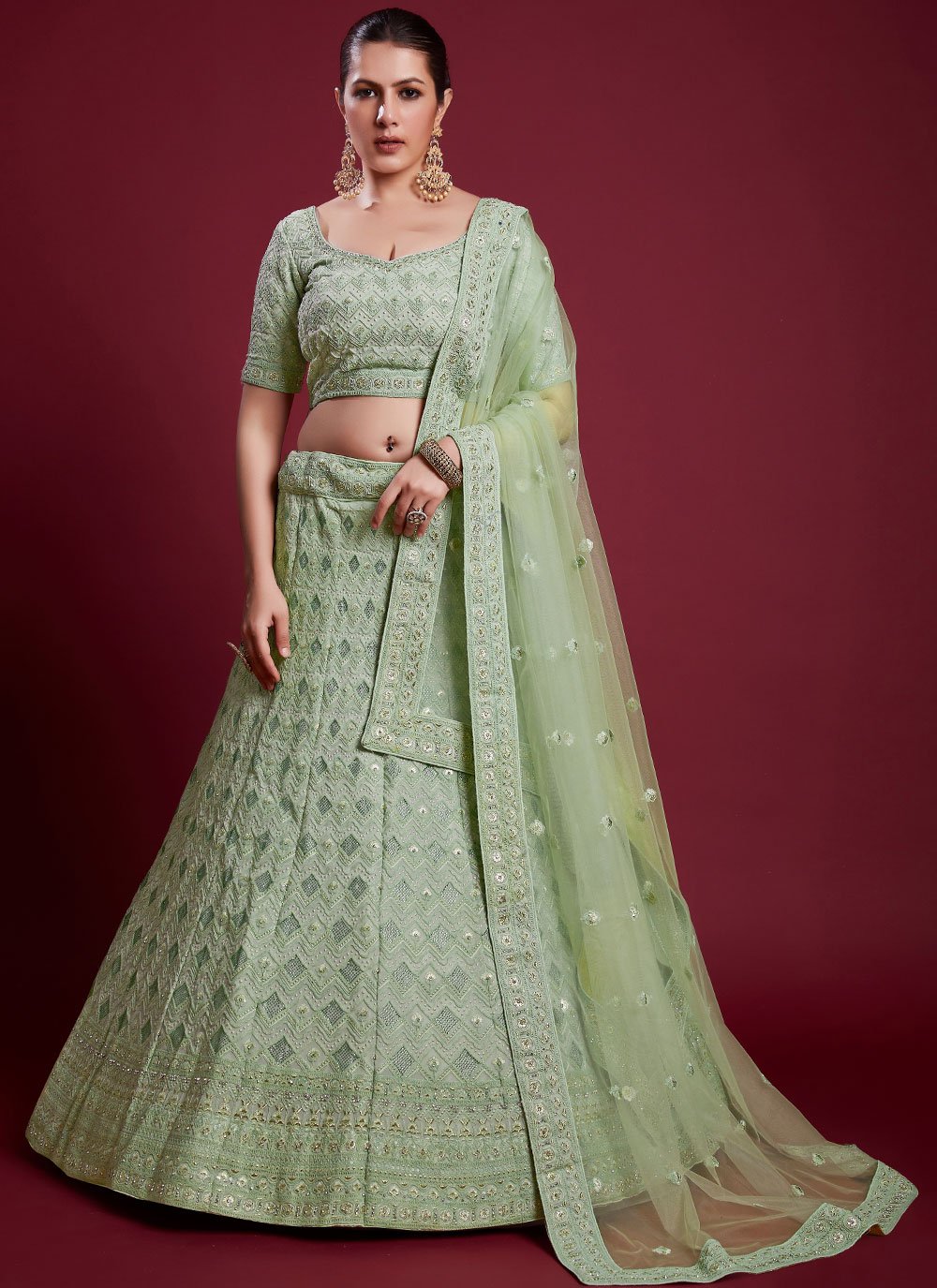 Green Georgette Dori Trendy Ghagra Choli @ Low Price -