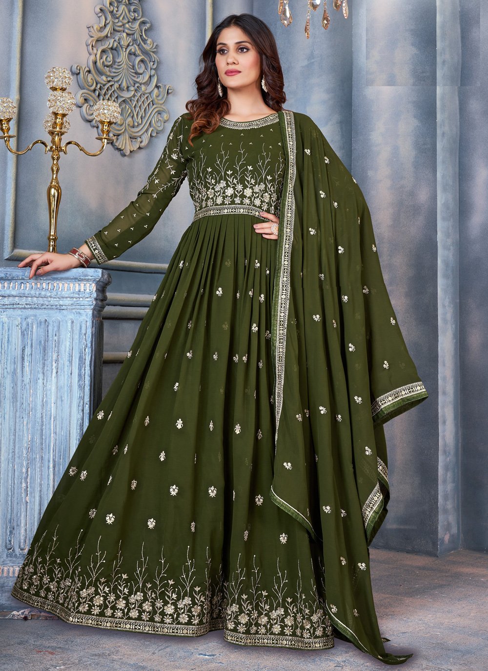 Buy Bridesmaid Dresses In Geneva - Dark Green Embroidery Traditional Anarkali  Suit
