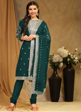 Green Georgette Embroidered Churidar Suit
