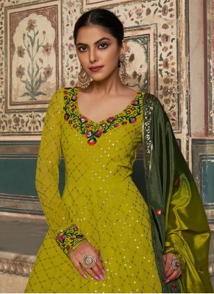 Green Georgette Embroidered Designer Gown