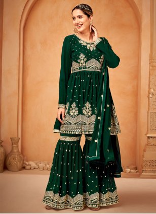 Green Georgette Embroidered Sharara Salwar Suits