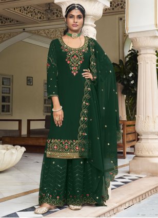 Green Georgette Embroidered Straight Salwar Suit