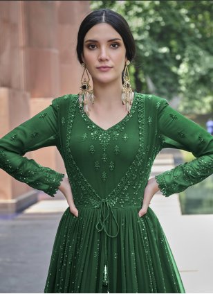 Green Georgette Embroidered Designer Trendy Gown