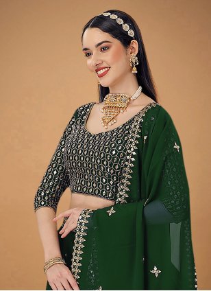 
                            Designer Green Georgette Embroidered Trendy Lehenga Choli for Wedding