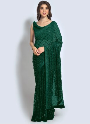 Green Georgette Embroidered Women's Traditional Saree