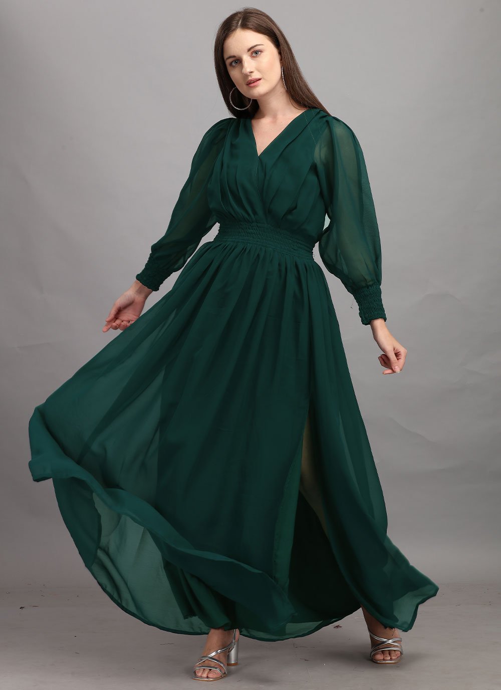 green georgette plain designer gown 81308