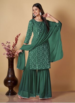 Green Georgette Sequins Palazzo Salwar Suit