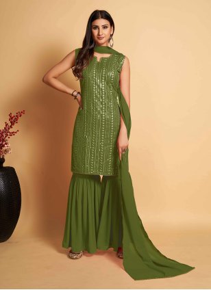Green Georgette Sequins Readymade Salwar Kameez