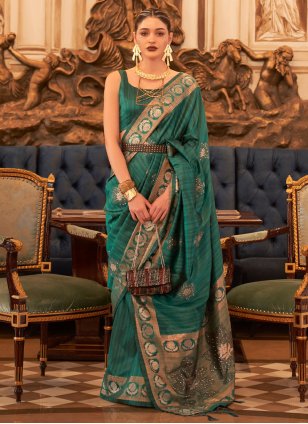 Green Handloom Silk Sequins Contemporary Sari