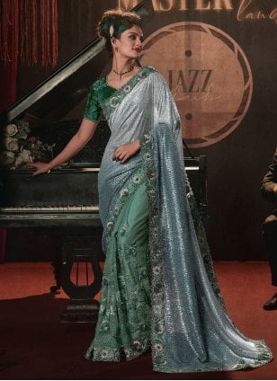 Green Imported Embroidered Designer Saree