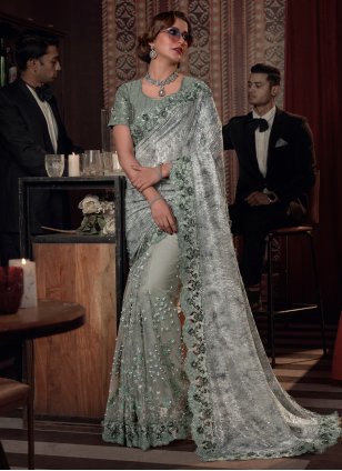 Green Imported Embroidered Designer Sari