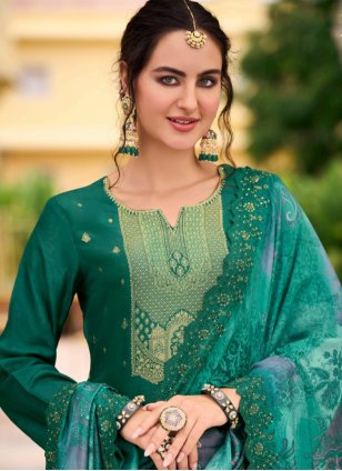 Green Jacquard Embroidered Trendy Palazzo Salwar Suits