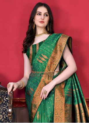 Green Katan Silk Border Designer Saree