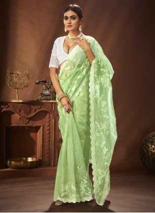 Green Khaddar Embroidered Trendy Saree