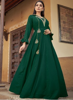 Green Muslin Embroidered Designer Readymade Gown