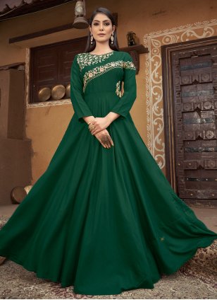 Green Muslin Embroidered  Trendy Designer Readymade Gown