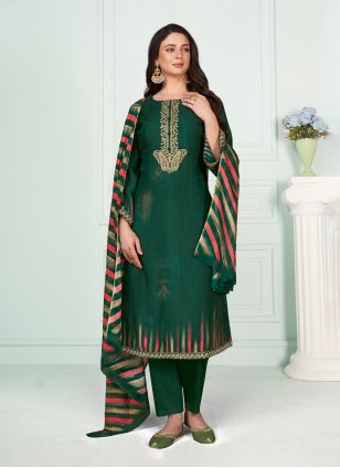 Green Muslin Embroidered Trendy Salwar Kameez