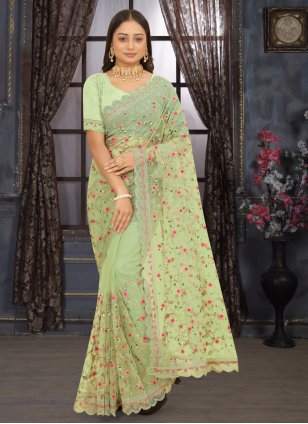 Green Net Embroidered Designer Sari
