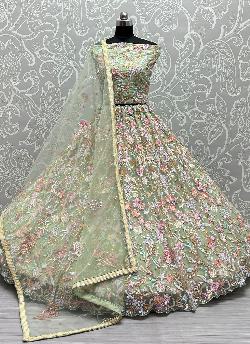 Exclusive Green Net Embroidered Trendy Ghagra Choli : 79483 -