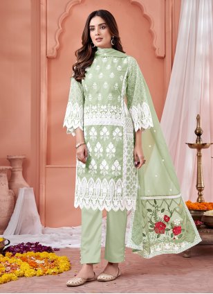 Green Organza Embroidered Pant Style Suit