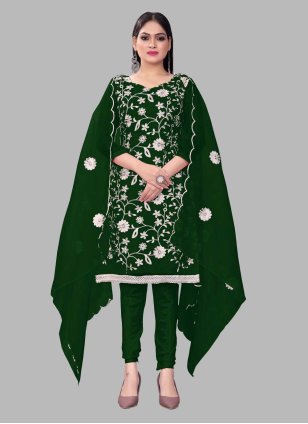 Green Organza Embroidered Straight Salwar Suit