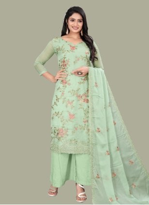 Green Organza Embroidered Trendy Salwar Suits