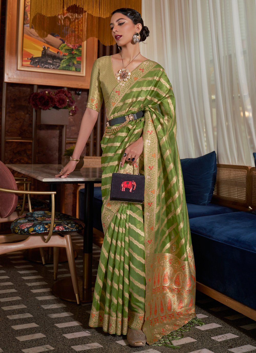 Green Organza Weaving Contemporary Sari