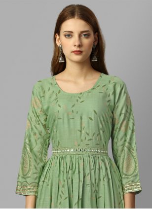 Green Rayon Dangler Floor Length Gown