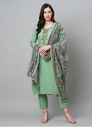Green Rayon Dangler Straight Cut Readymade Salwar Suit