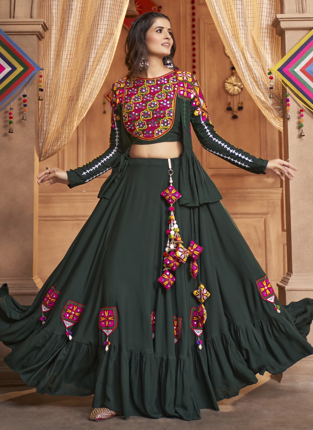 Green Rayon Embroidered Readymade Chaniya Choli 90986 Salwari