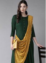 Green Rayon Plain Floor Length Dress