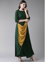 Green Rayon Plain Floor Length Dress