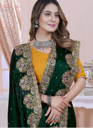 Green Satin Embroidered Contemporary Sari
