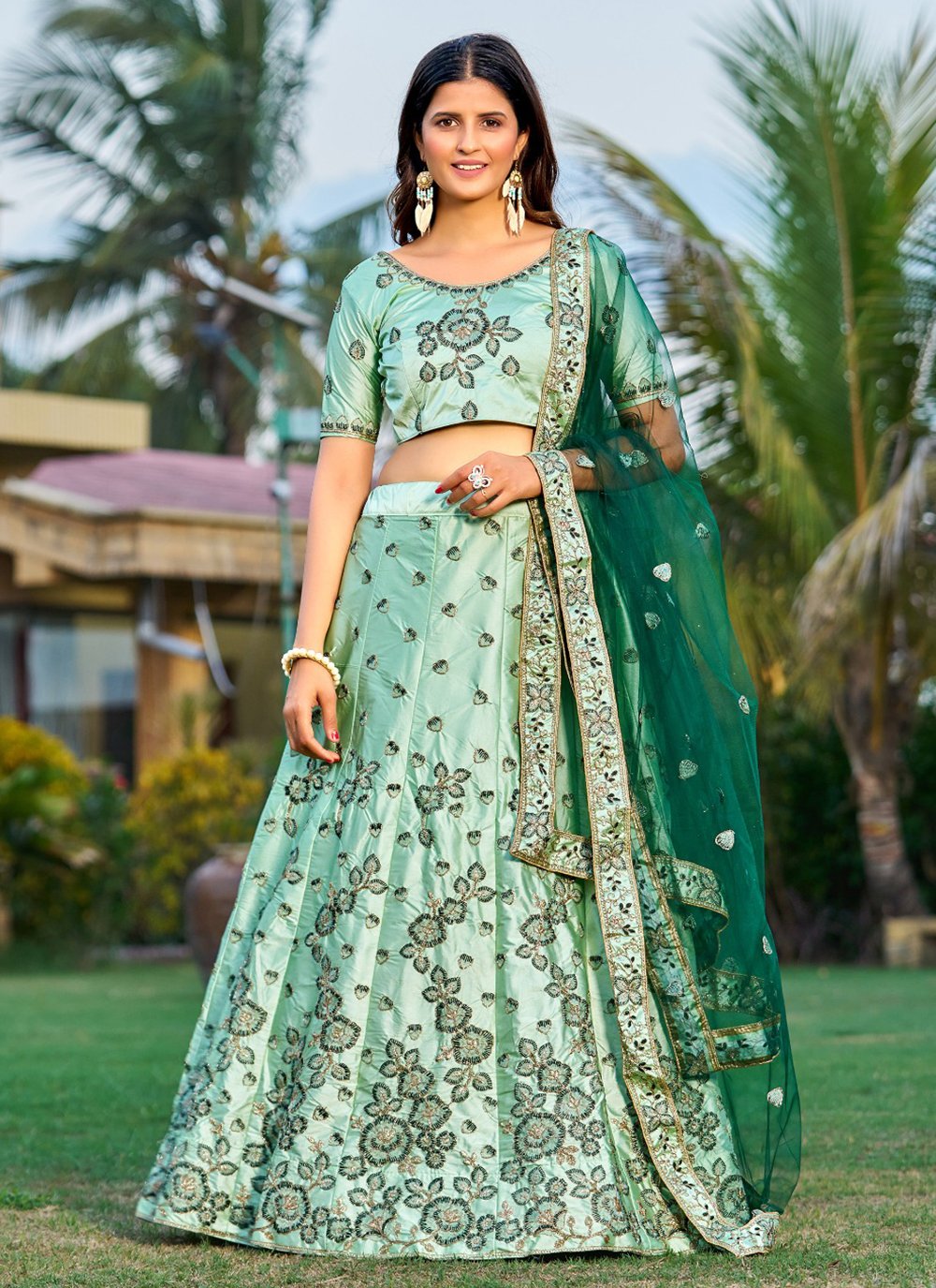 Dark Bottle Green Georgette Party-Wear Stylish Lehenga Choli @Indian Couture