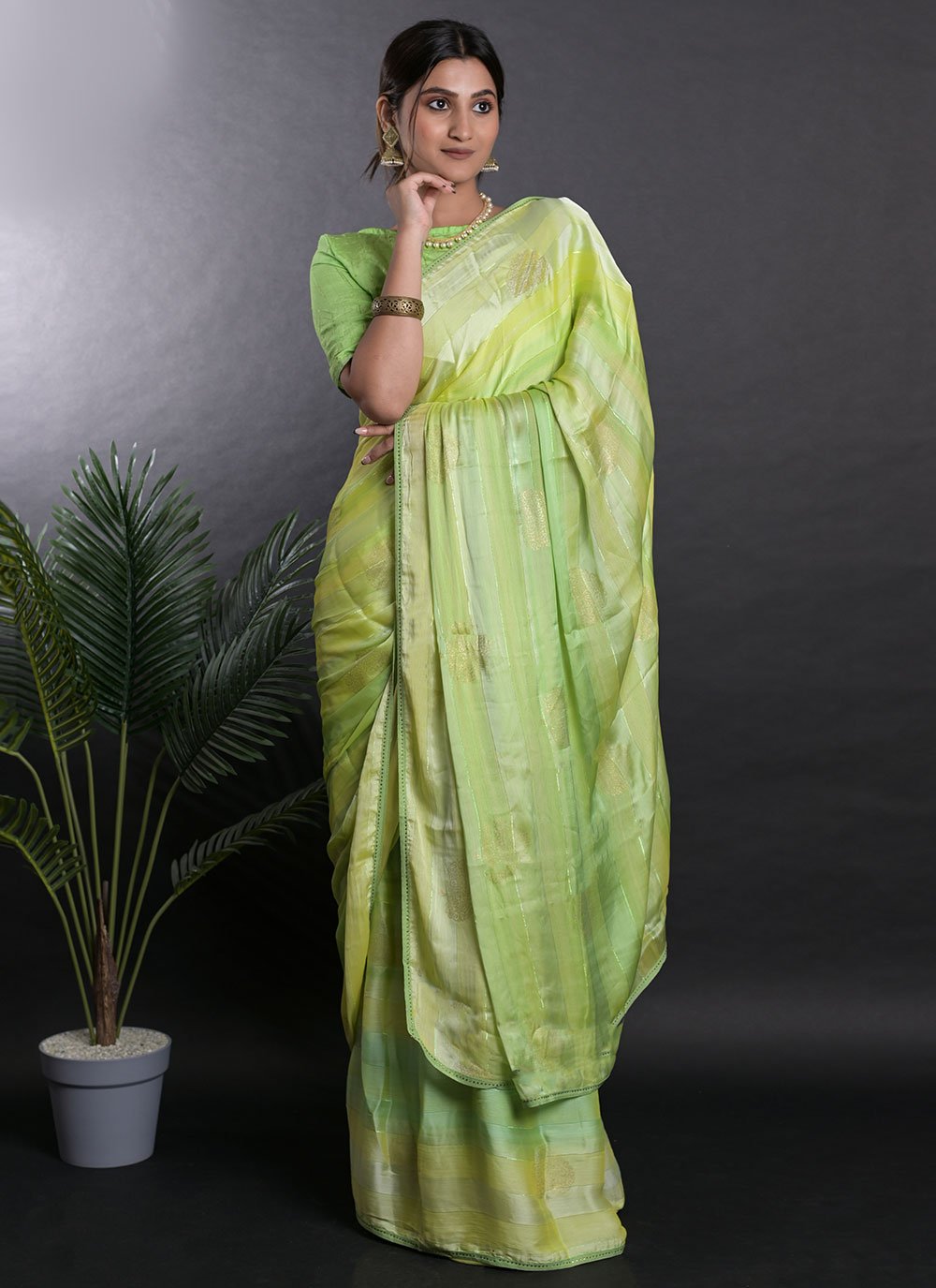 Green Satin Printed Designer Sari
