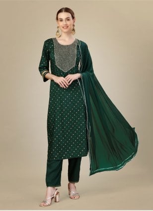 Green Silk Blend Embroidered Salwar suit