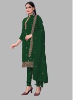Green Silk Embroidered Churidar Suit