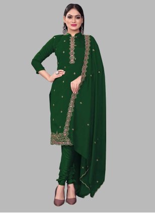 Green Silk Embroidered Churidar Suit