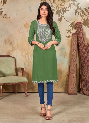 green silk embroidered designer kurti 89789