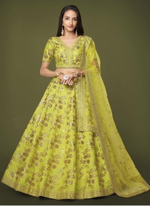 Designer Yellow Green Silk Embroidered Lehenga Choli for Wedding
