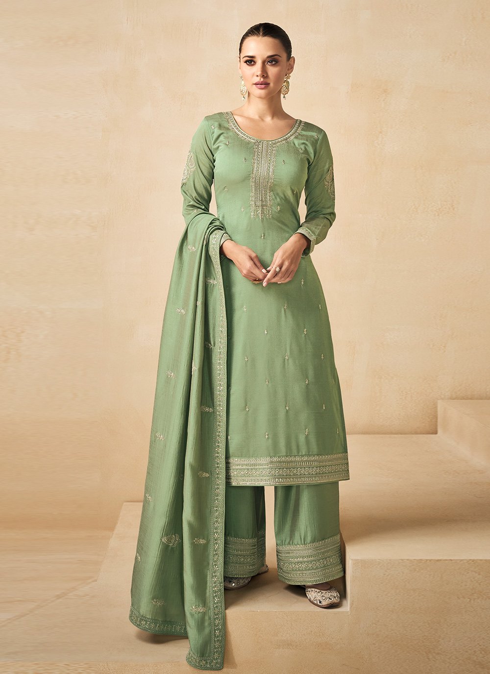 Green Silk Embroidered Straight Salwar Suit