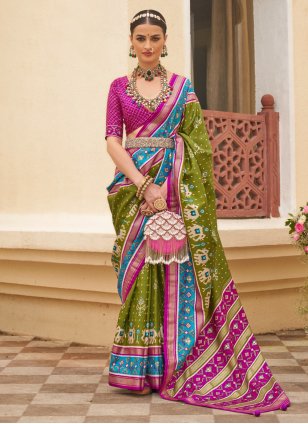 Green Silk Patola Print Trendy Sari