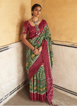 Green Silk Printed Contemporary Sari