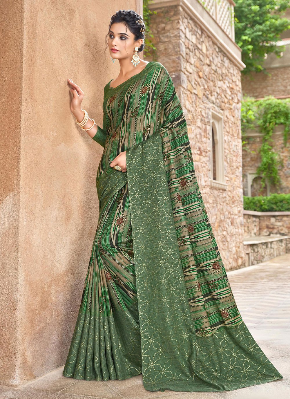 Dark-Green plain georgette saree with blouse - Sourbh Sarees - 382208